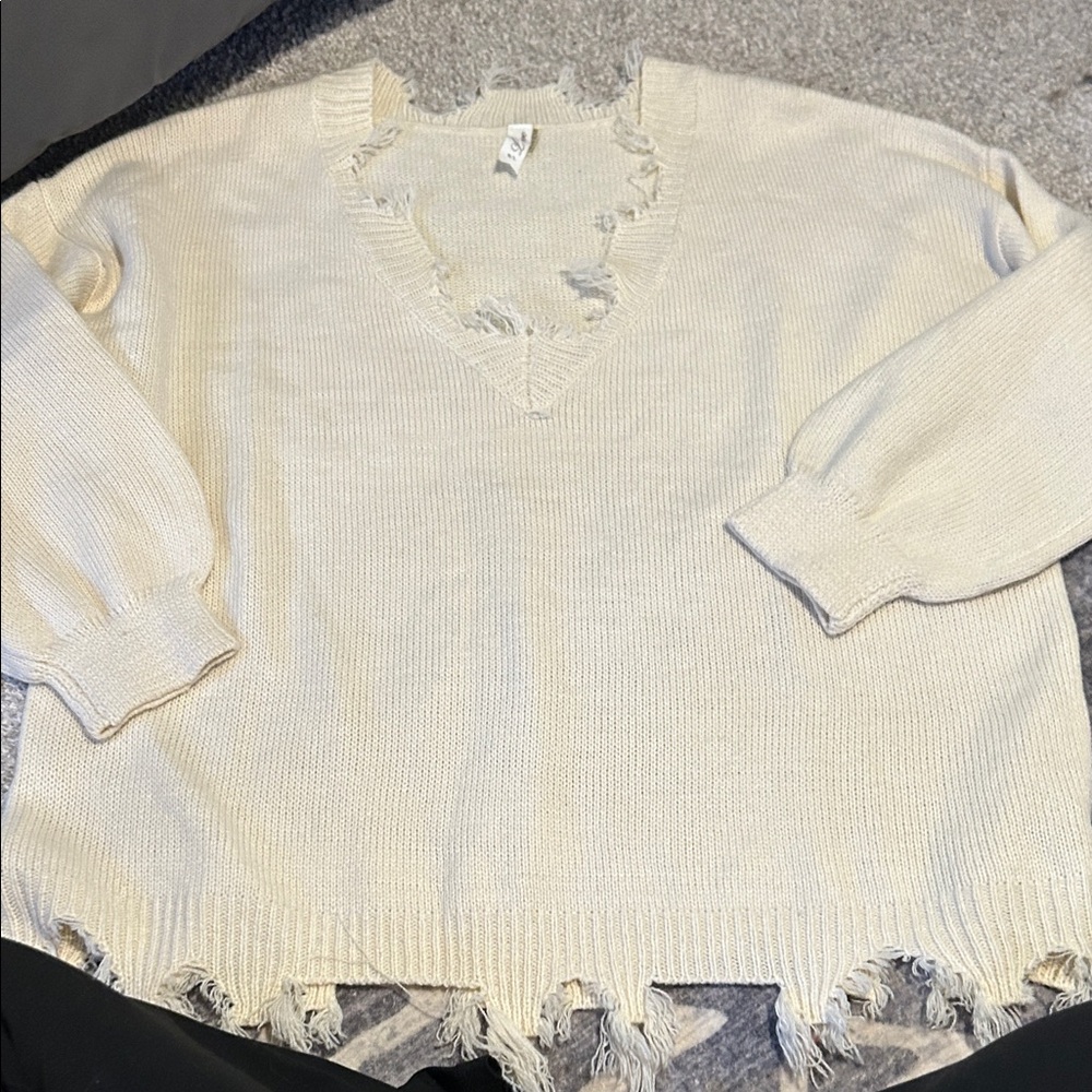 Love Cream Distressed Crew Neck Sweater